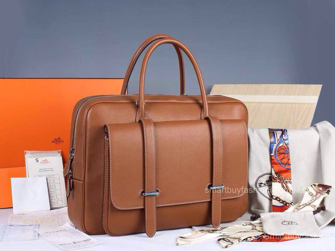 Hermes Steve 38 Briefcase Brown Clemence Leather Handstitched Silver hw