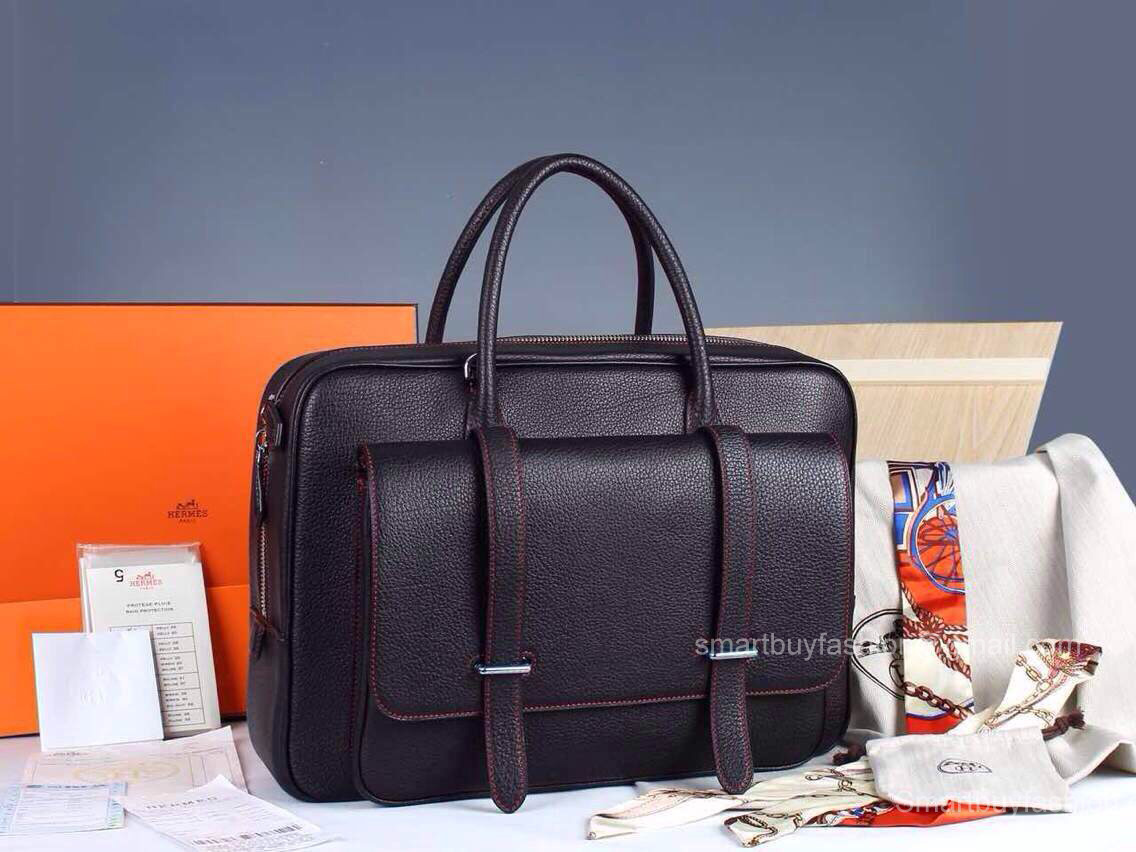 Hermes Steve 38 Briefcase Black W Red Stitch Leather Handstitched Silver hw