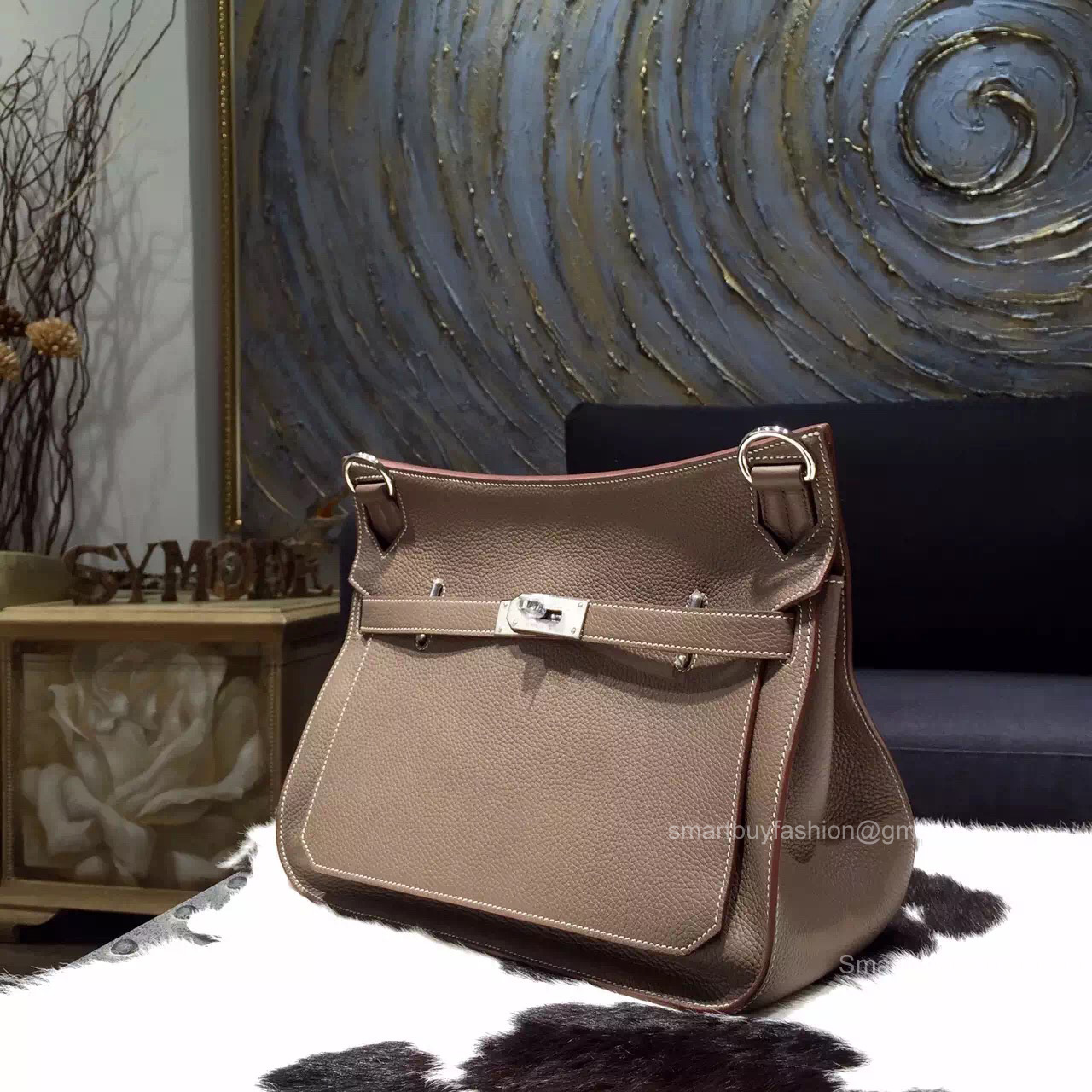 Hermes Jypsiere 34 Large Bag Etoupe CK18 Taurillon Clemence Handstitched