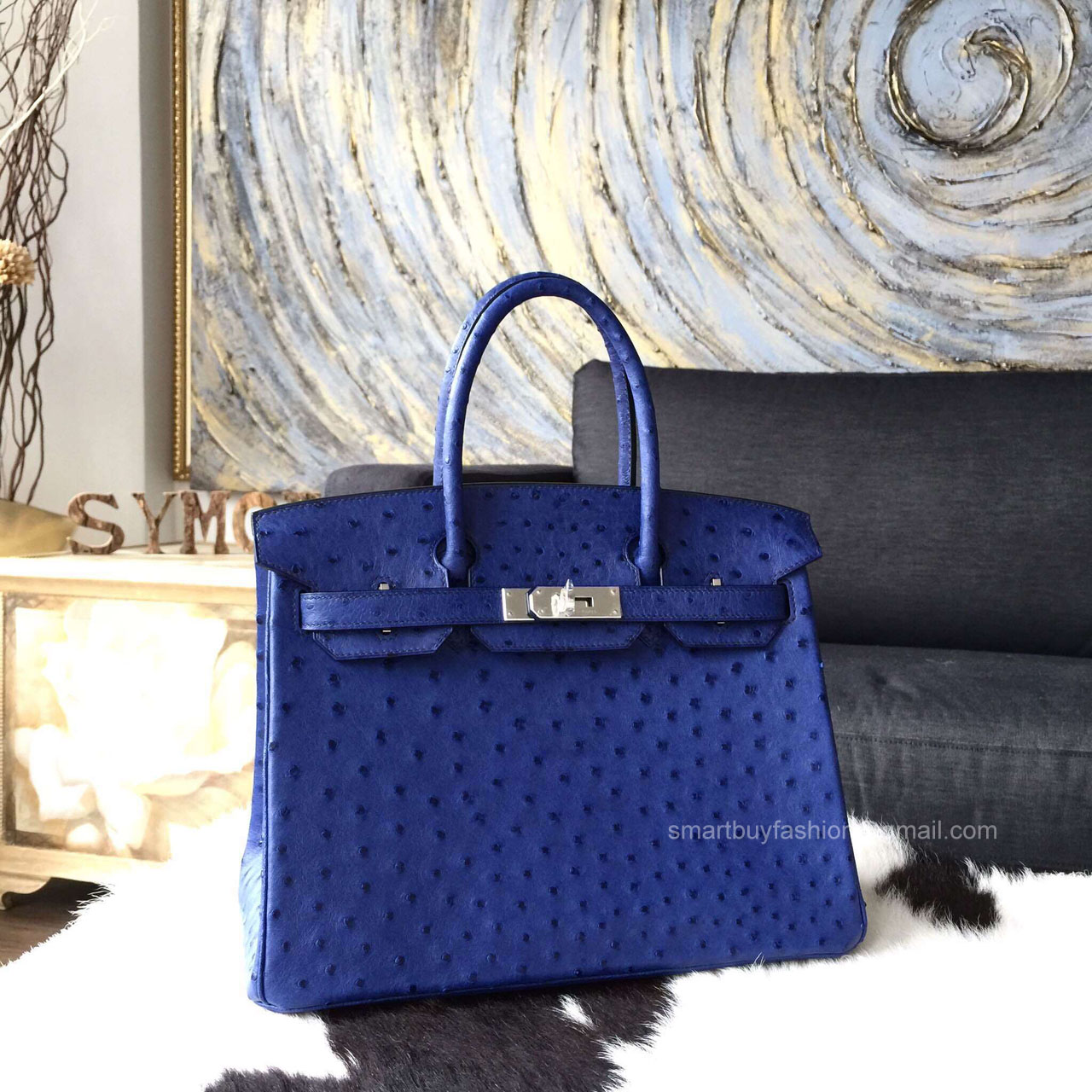 Hermes Birkin 30 Bag Blue Iris Ostrich Leather Handstitched Silver hw