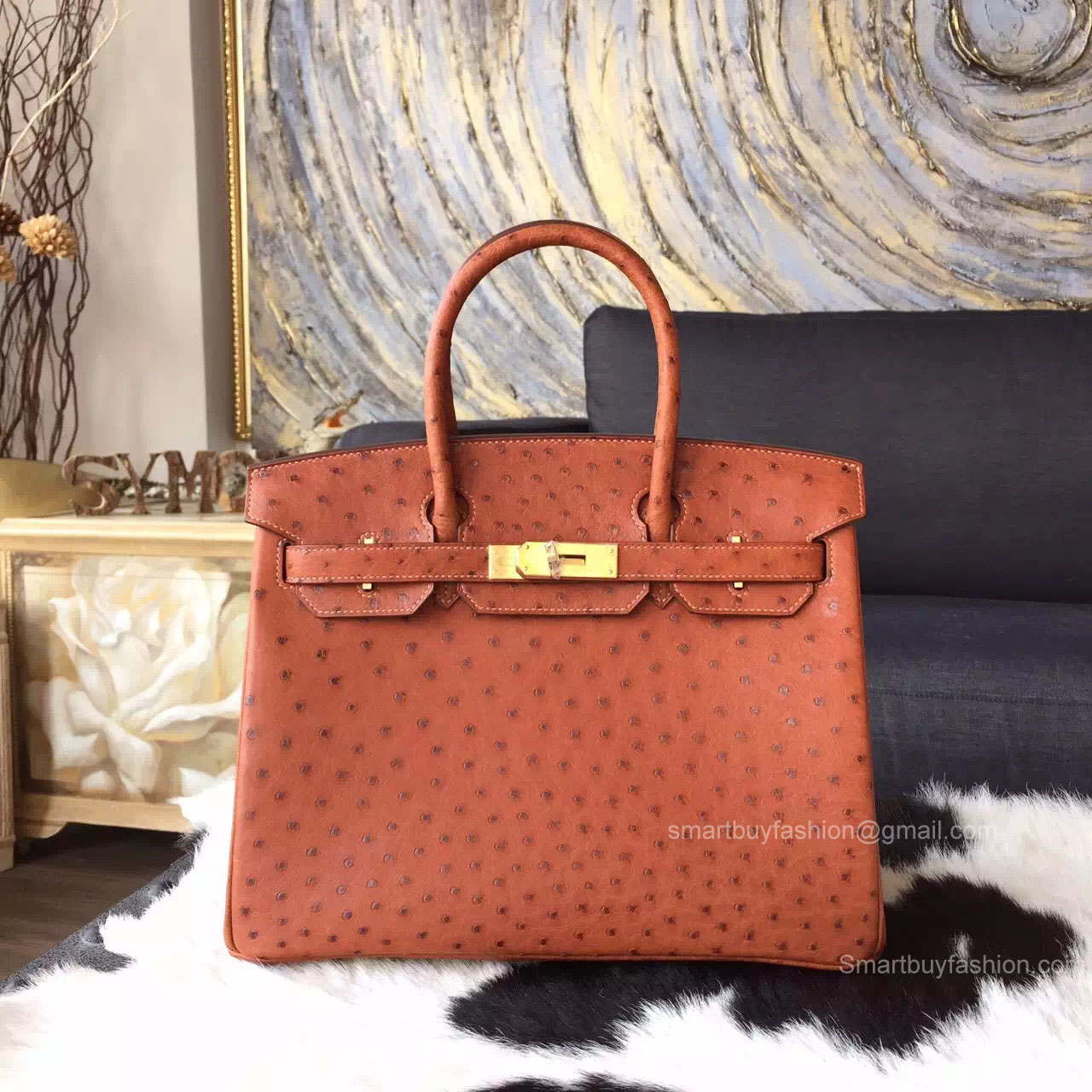 Hermes Birkin 30 Bag Brown Ostrich Leather Handstitched Gold hw