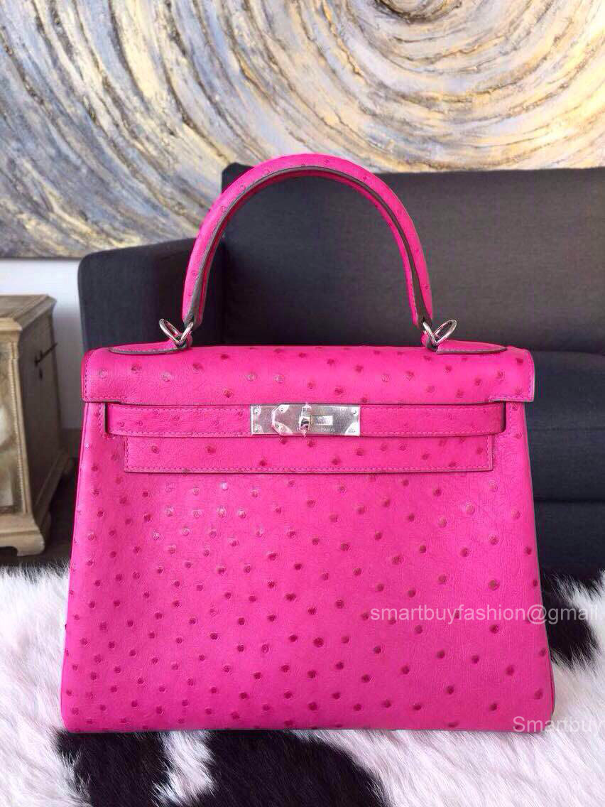 Hermes Kelly 32 Fuschia Ostrich Leather Handstitched Silver hw