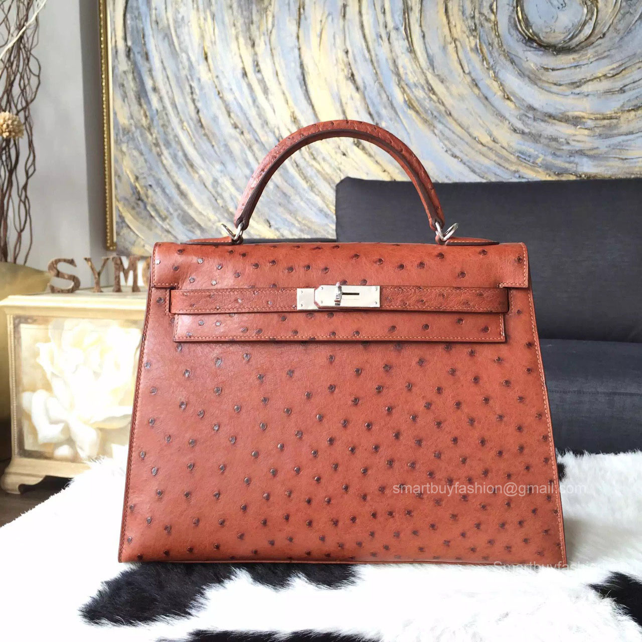 Hermes Kelly 32 Etrusque Ostrich Leather Handstitched Silver hw