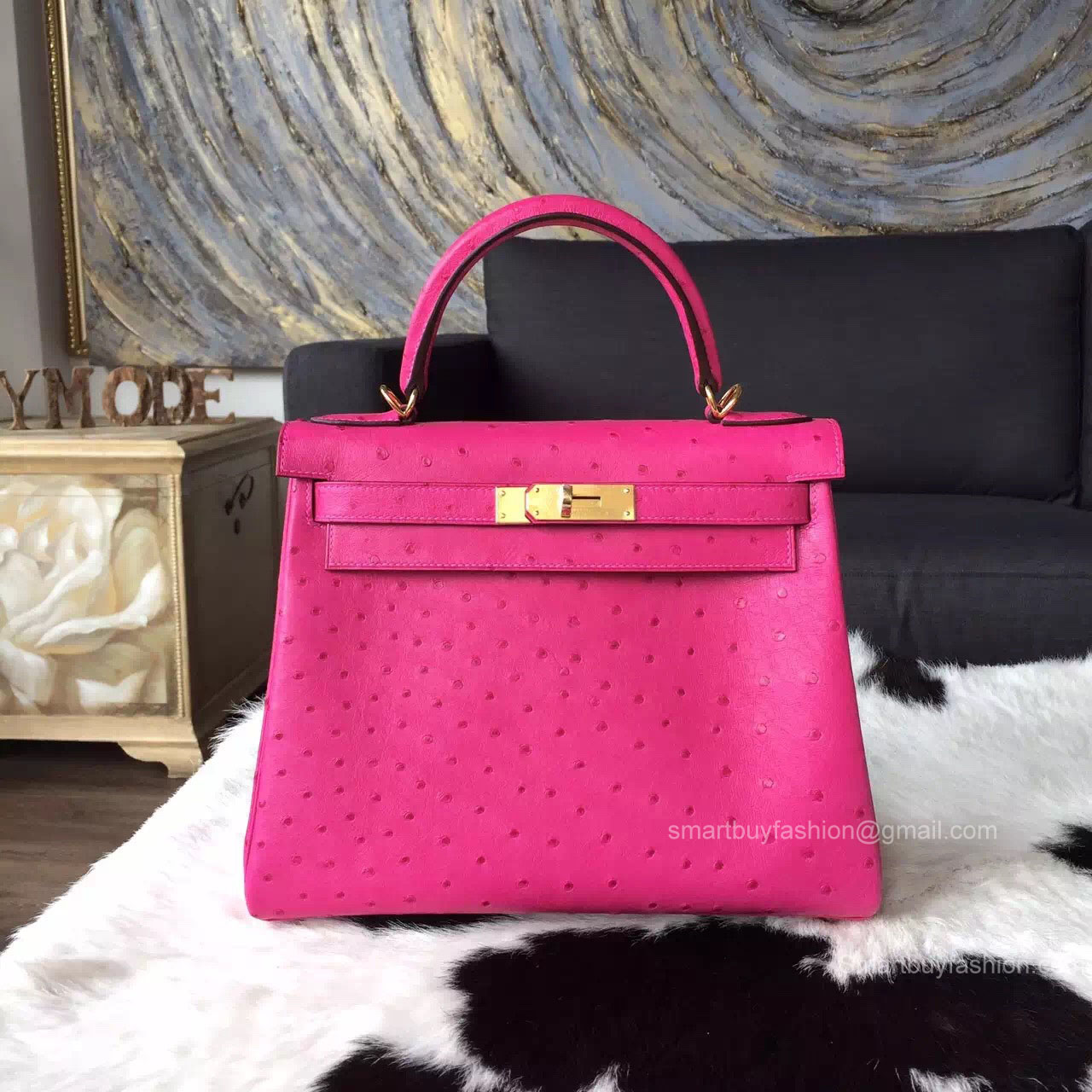 Hermes Kelly 32 Fuschia Pink Ostrich Leather Handstitched Gold hw