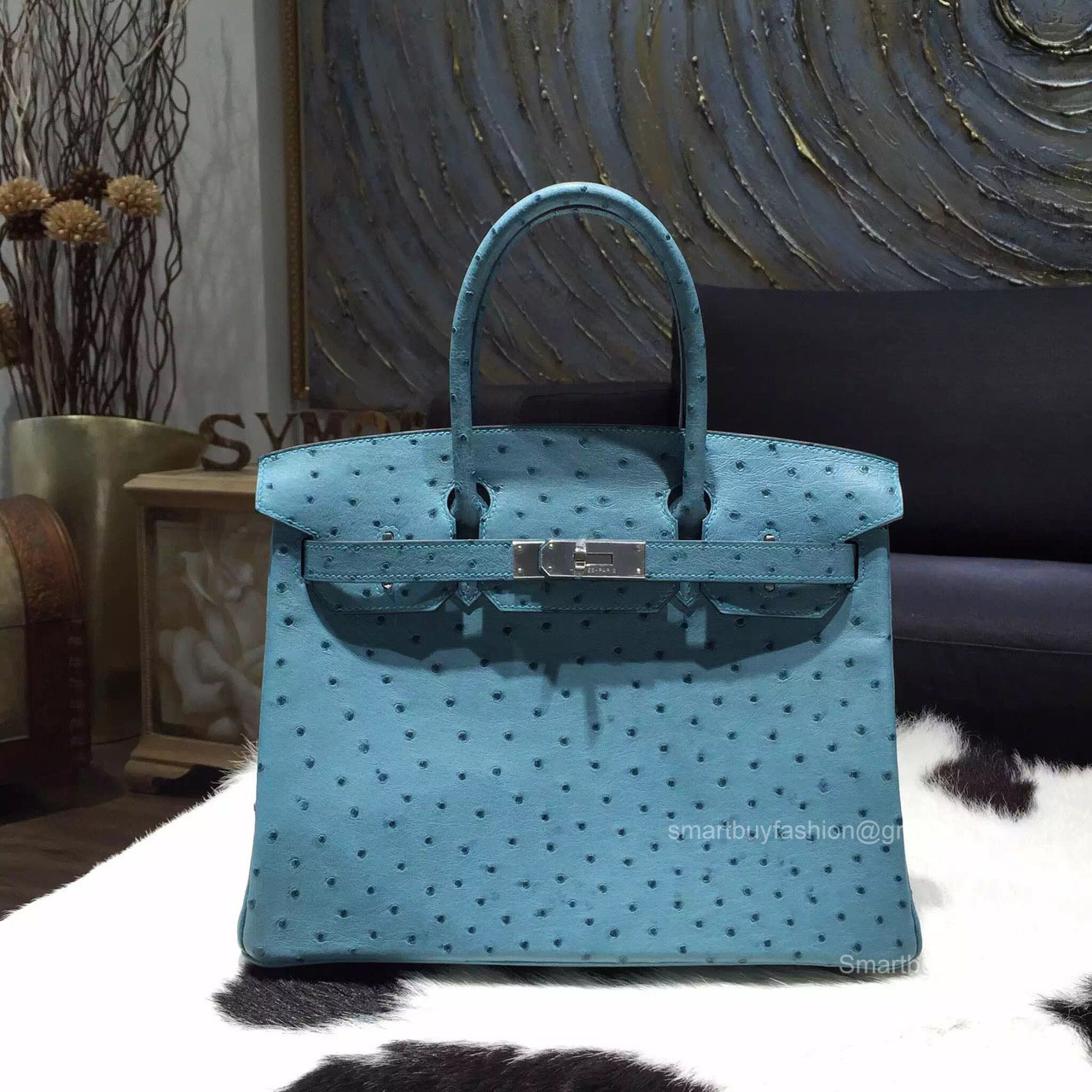 Hermes Birkin 35 Bag Cobalt Ostrich Leather Handstitched Silver hw