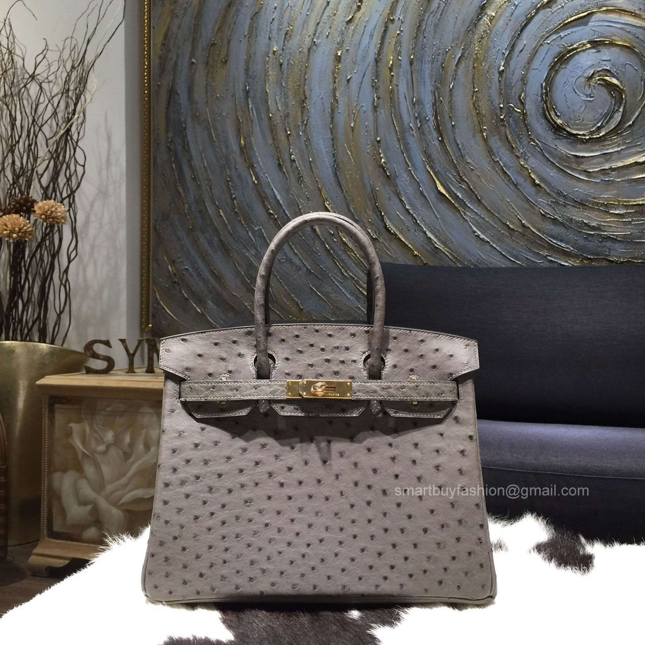 Hermes Birkin 35 Bag Mousse Gray Ostrich Leather Handstitched Gold hw