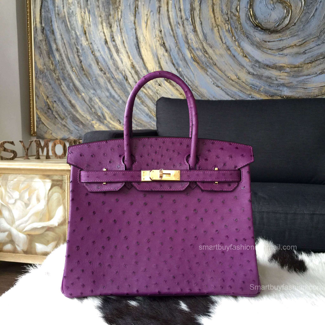 Hermes Birkin 35 Bag Violet Ostrich Leather Handstitched Gold hw