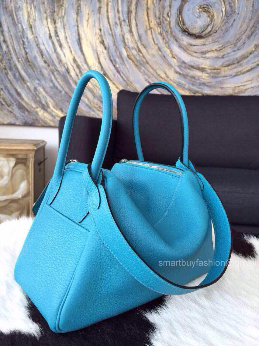 Hermes Lindy 30 Bag in 7b Blue Turquoise Clemence Leather Handstitched