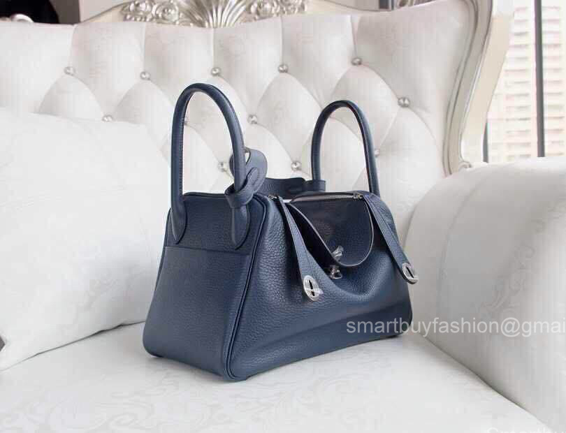 Hermes Lindy 30 Bag in Bleu de Galice S7 Clemence Leather Handstitched