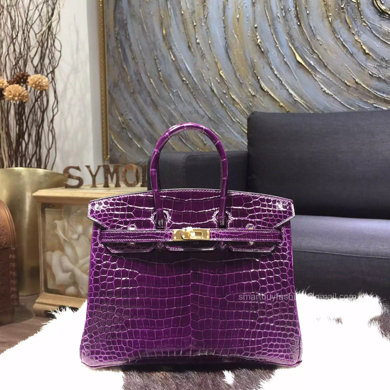 Hermes Birkin 30 Bag Amethyst Crocodile Leather Handstitched Gold hw