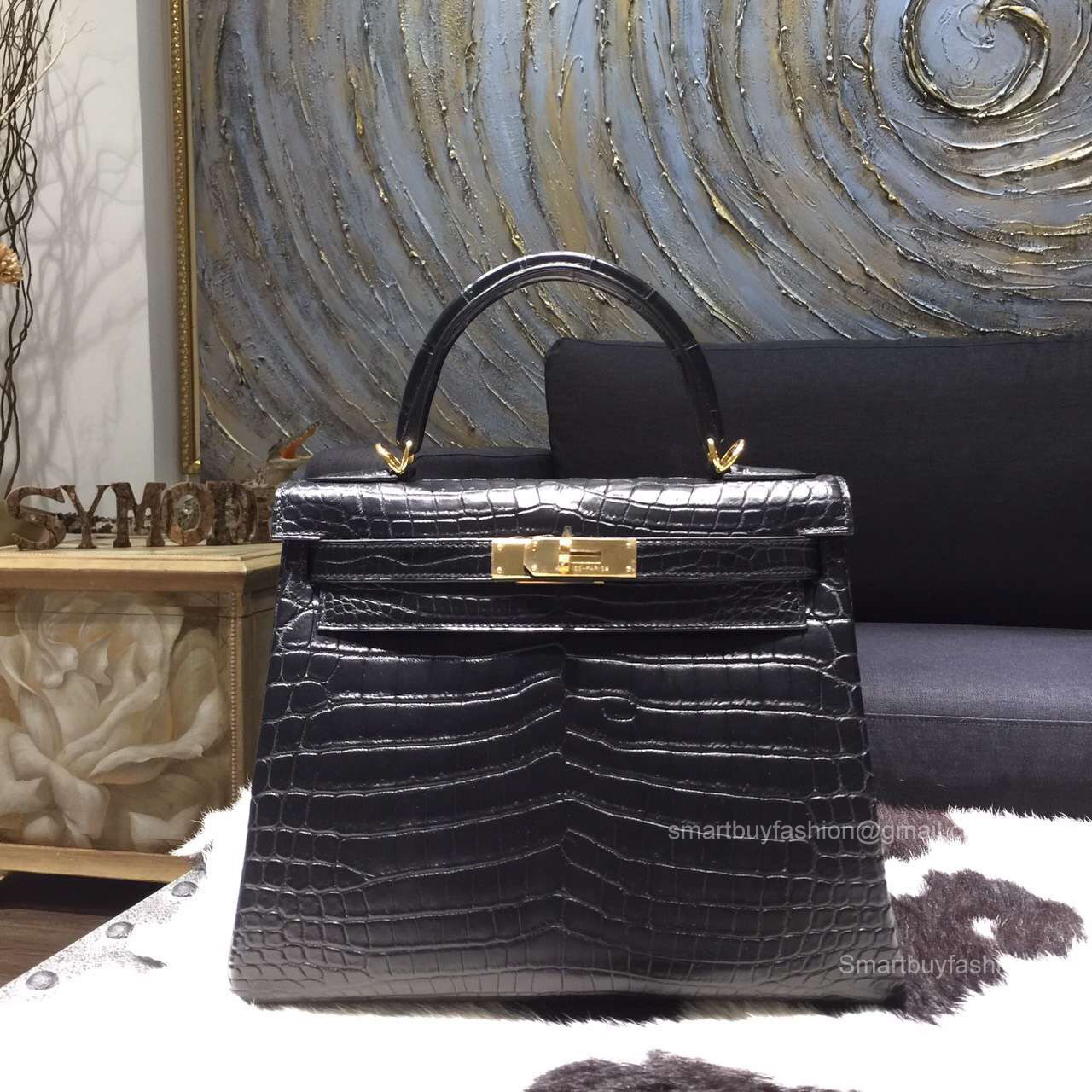 Hermes Kelly 32 Bag Black Crocodile Leather Handstitched Gold hw