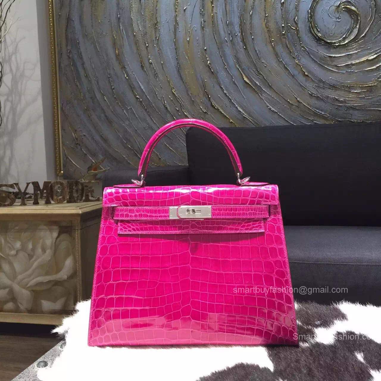 Hermes Kelly 32 Bag Rose Scheherazade j5 Crocodile Leather Handstitched Silver h