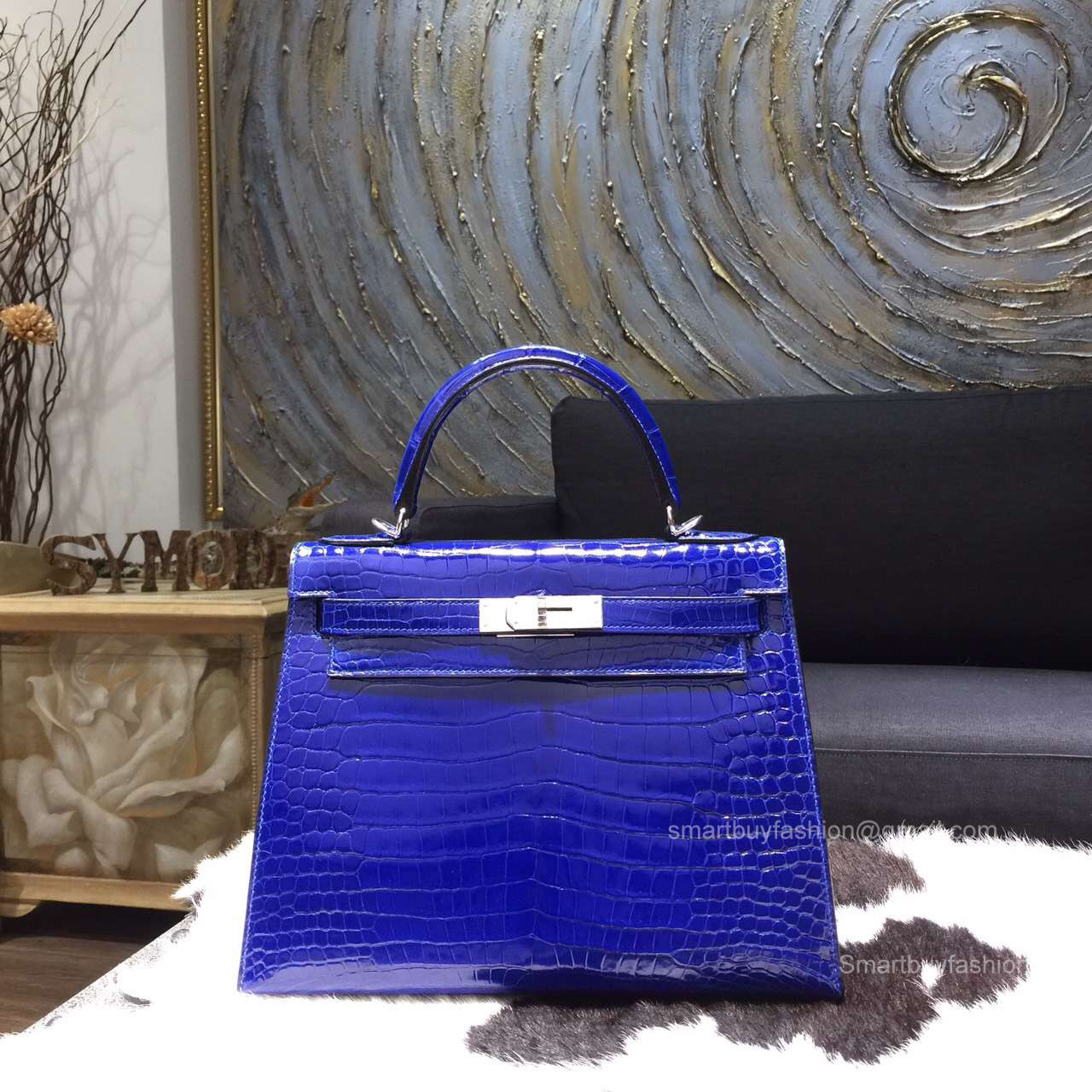 Hermes Kelly 32 Bag Blue Electric 7T Crocodile Leather Handstitched Silver hw