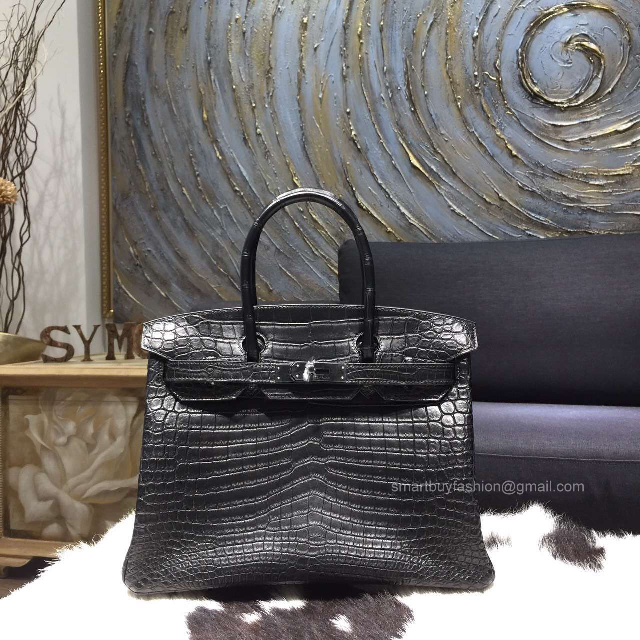 Hermes Birkin 35 Bag Black Crocodile Leather Handstitched Silver hw