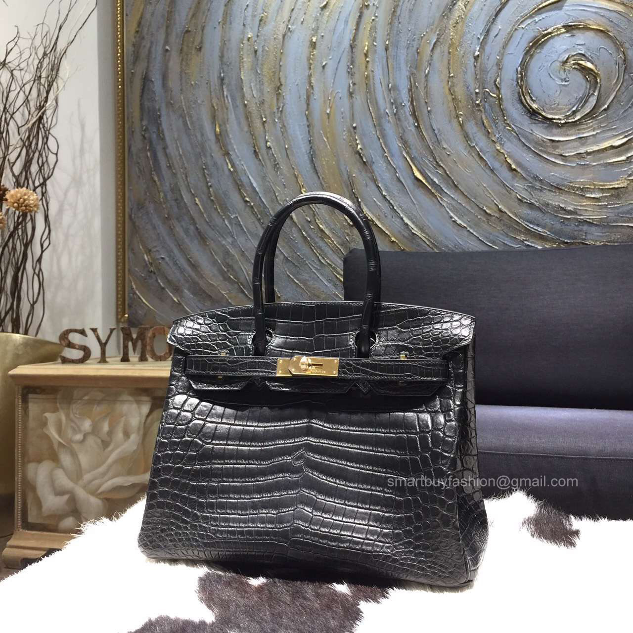 Hermes Birkin 35 Bag Black Crocodile Leather Handstitched Gold hw