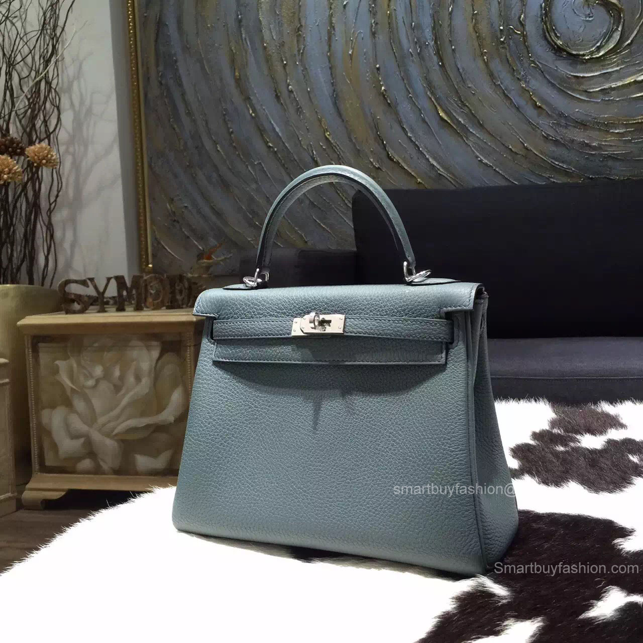 Hermes Kelly 28 Blue Orage Y7 Togo Leather Handstitched Silver hw