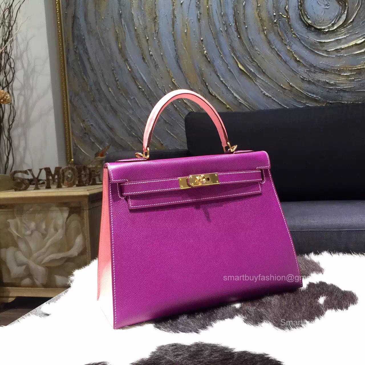 Hermes Kelly 28 Bag Bicolor Anemone p9 Leather Handstitched Gold hw