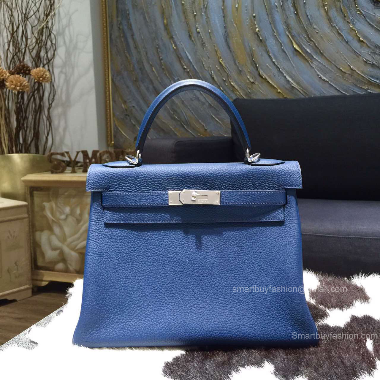 Hermes Kelly 28 Bag Blue De Galice Togo Leather Handstitched Silver hw