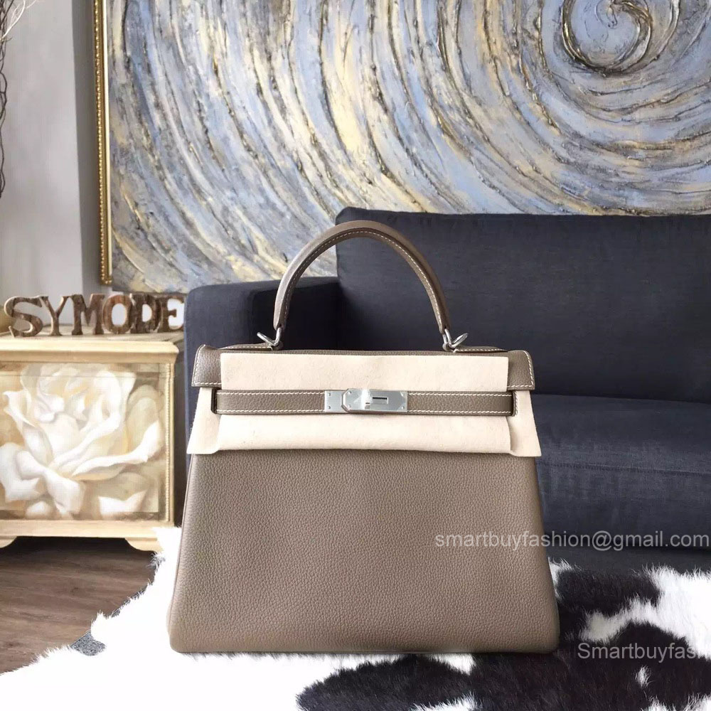 Hermes Kelly 28 Etoupe CK18 Togo Leather Handstitched Silver hw