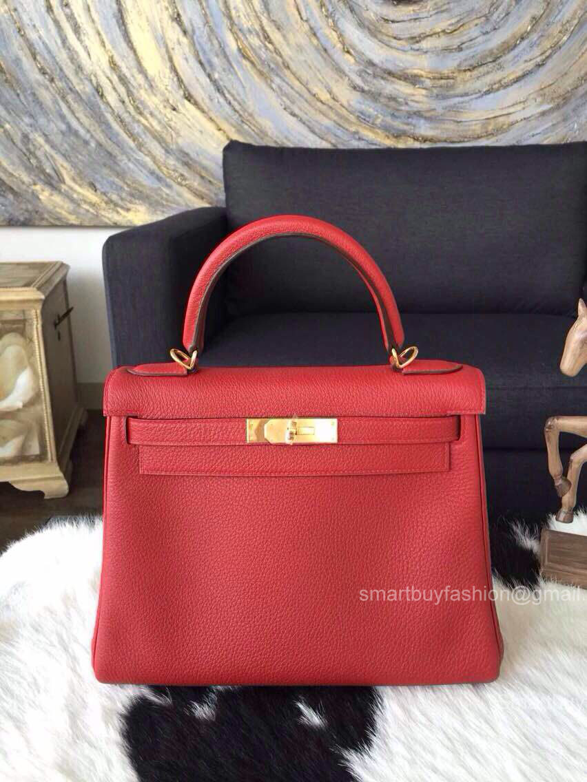 Hermes Kelly 32 Rouge Garance CK54 Togo Leather Handstitched Gold hw