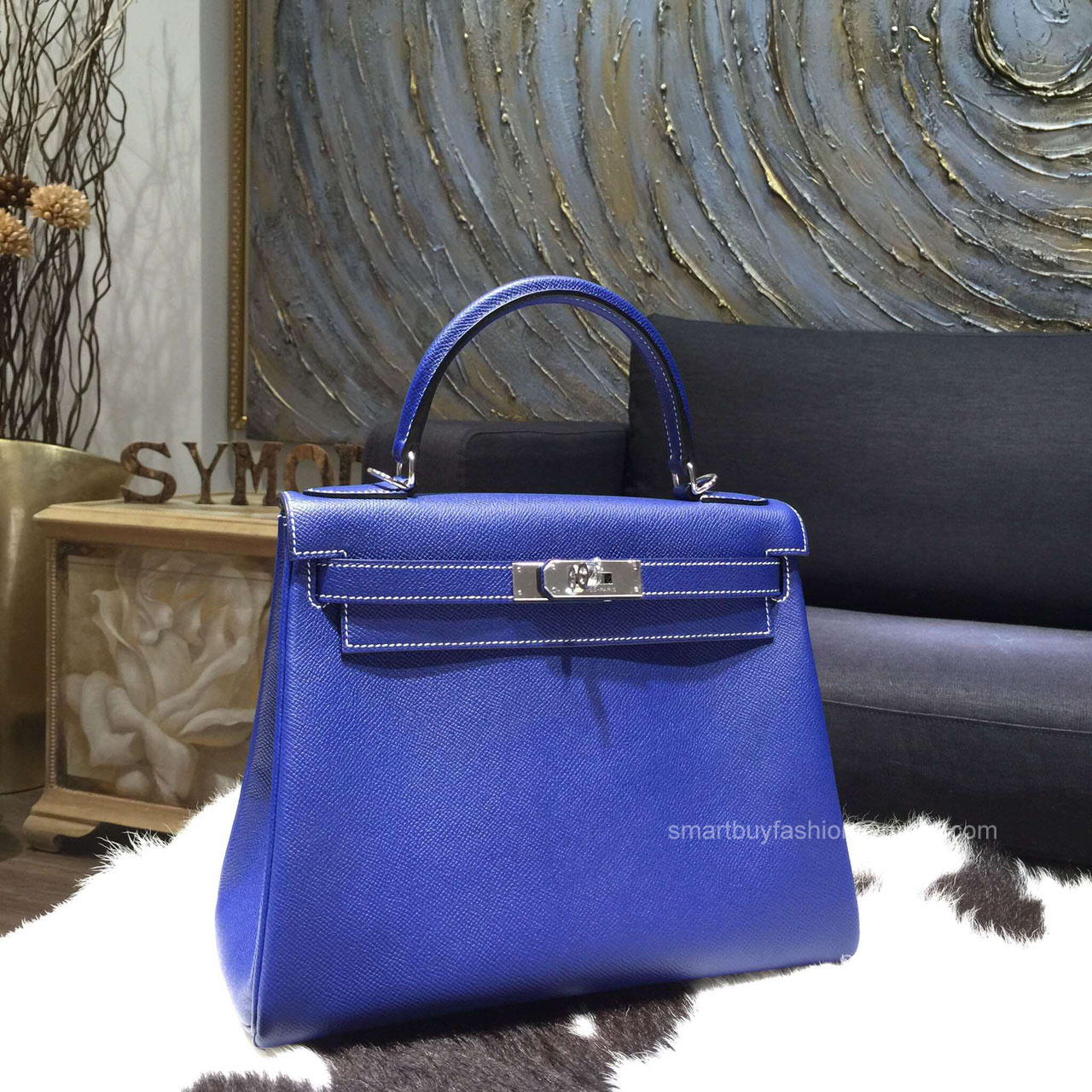 Hermes Kelly 32 Blue Electric 7T Epsom Leather Handstitched Silver hw