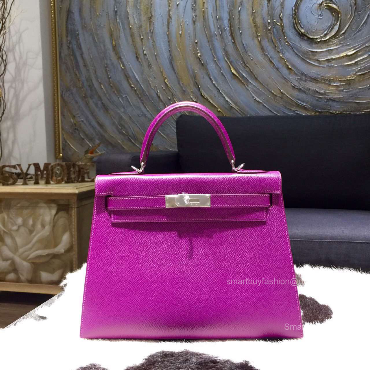 Hermes Kelly 32 Anemone p9 Epsom Leather Handstitched Silver hw