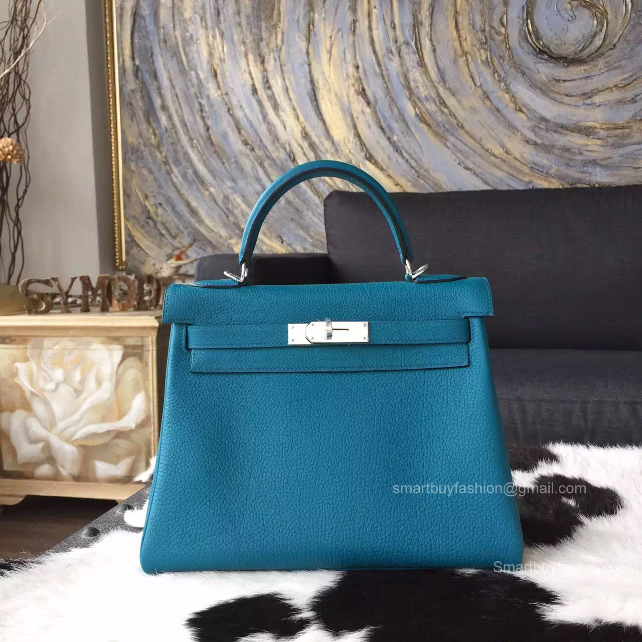 Hermes Kelly 32 Bag Blue Izmir 7w Togo Leather Handstitched Silver hw