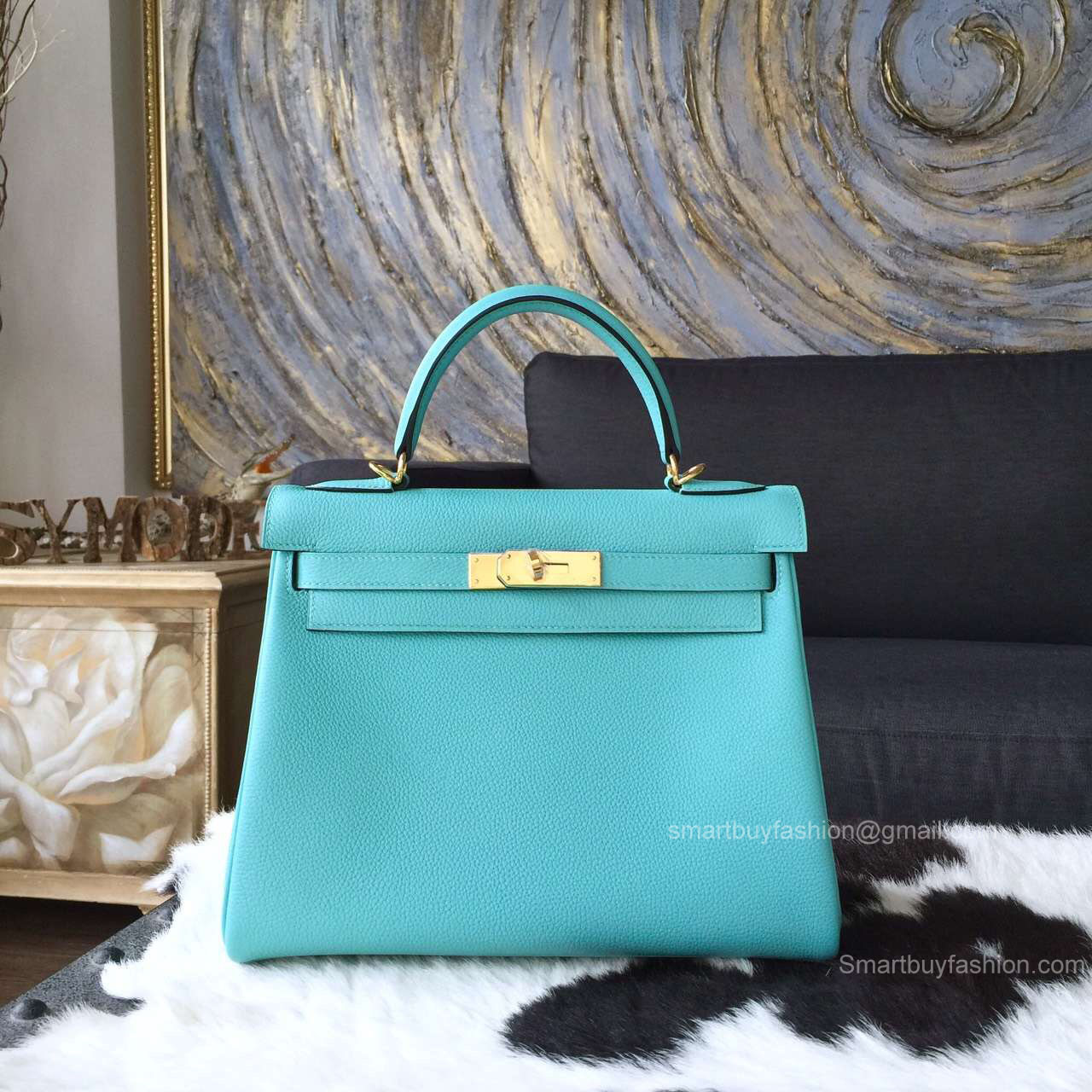 Hermes Kelly 32 Bag Blue Atoll 3p Togo Leather Handstitched Gold hw