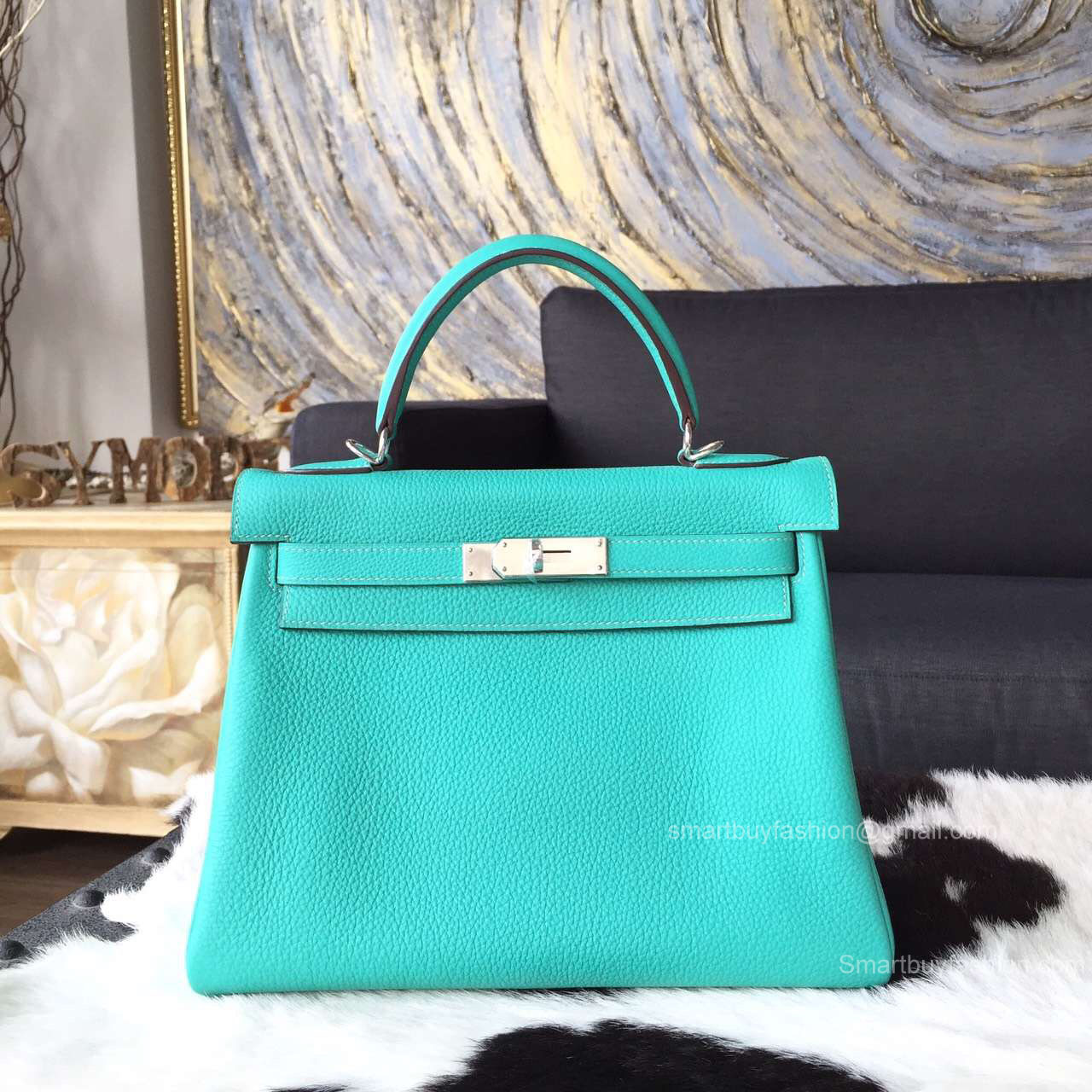 Hermes Kelly 32 Bag Lagon 7V Togo Leather Handstitched Silver hw