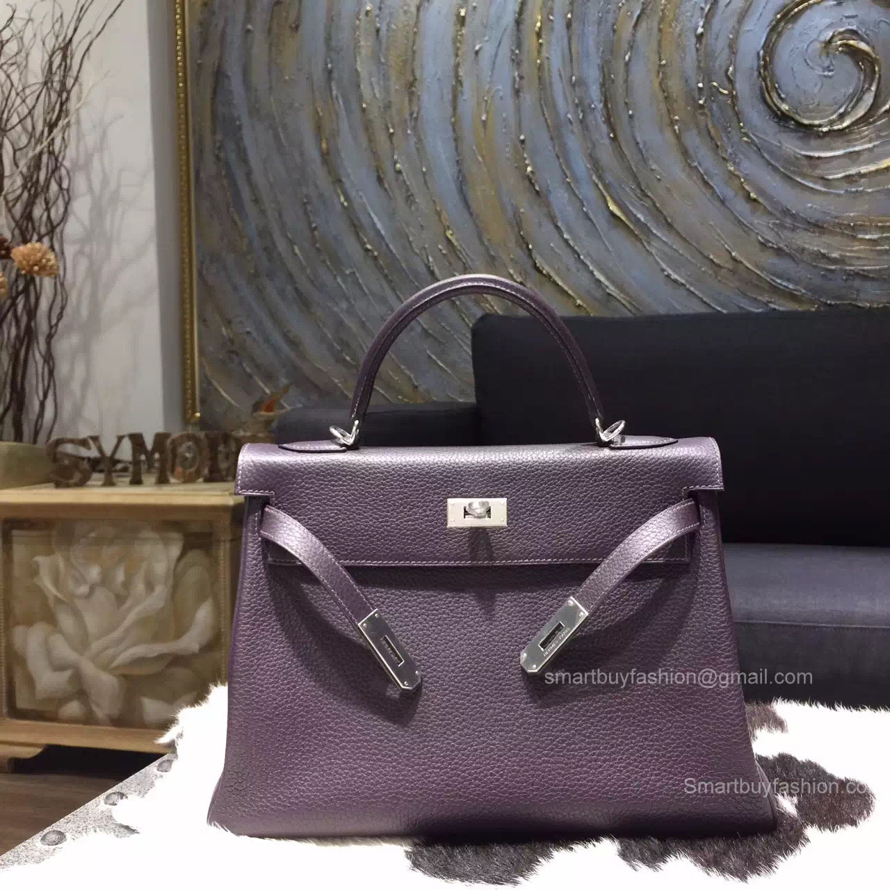 Hermes Kelly 32 Bag Raisin ck59 Togo Leather Handstitched Silver hw