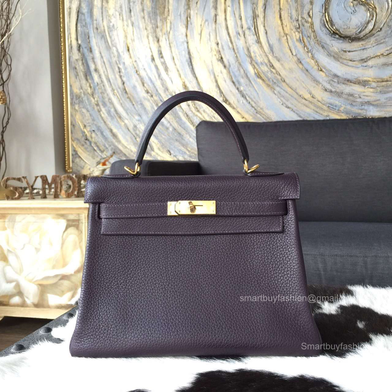 Hermes Kelly 32 Bag Raisin ck59 Togo Leather Handstitched Gold hw