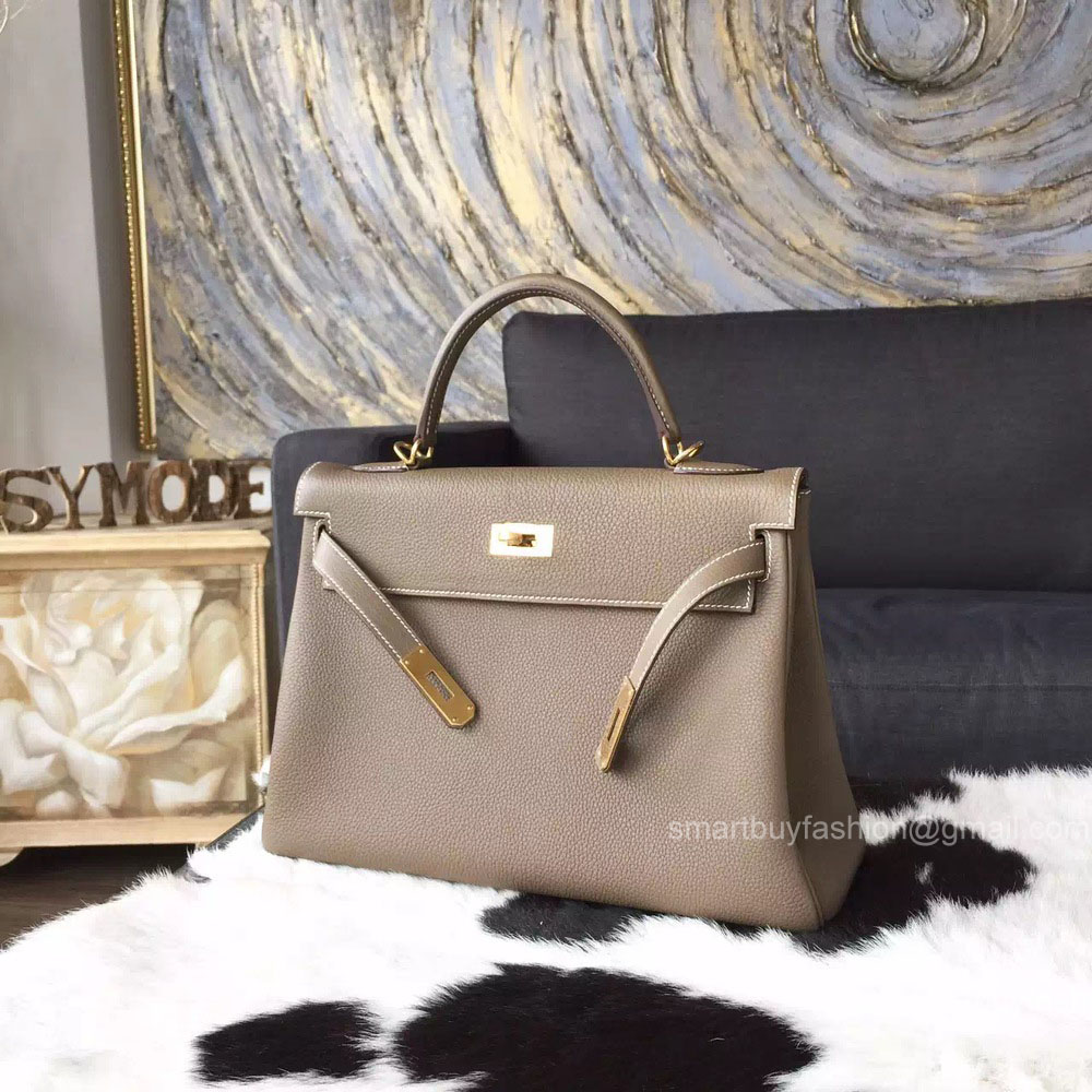 Hermes Kelly 32 Bag Etoupe CK18 Togo Leather Handstitched Gold hw