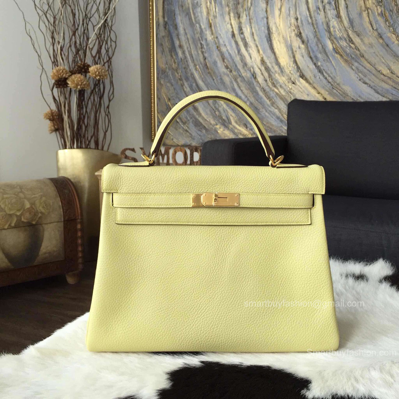 Hermes Kelly 32 Bag Jaune Poussin 1Z Togo Leather Handstitched Gold hw