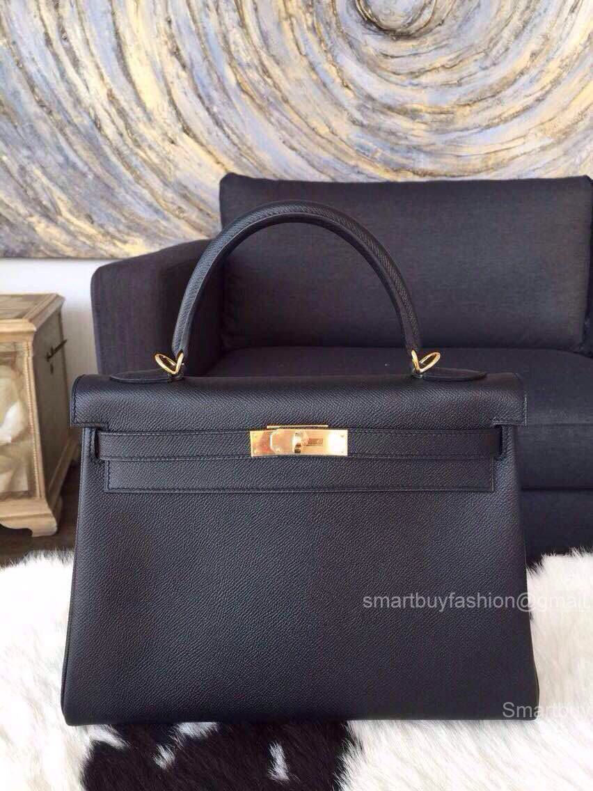 Hermes Kelly 32 Black Epsom Leather Handstitched Gold hw