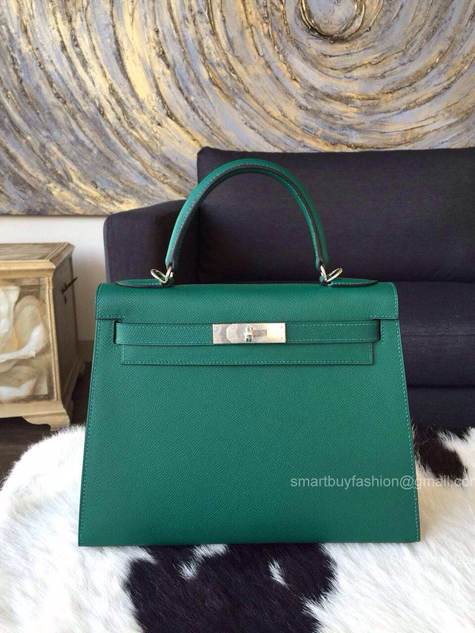 Hermes Kelly 32 Bag Malachite Epsom Leather Handstitched Silver hw