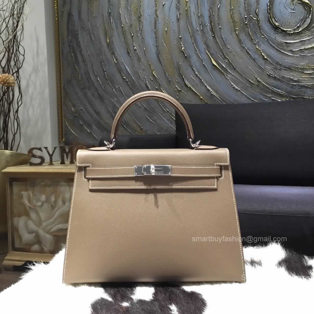Hermes Kelly 32 Bag Etoupe CK18 Epsom Leather Handstitched Silver hw