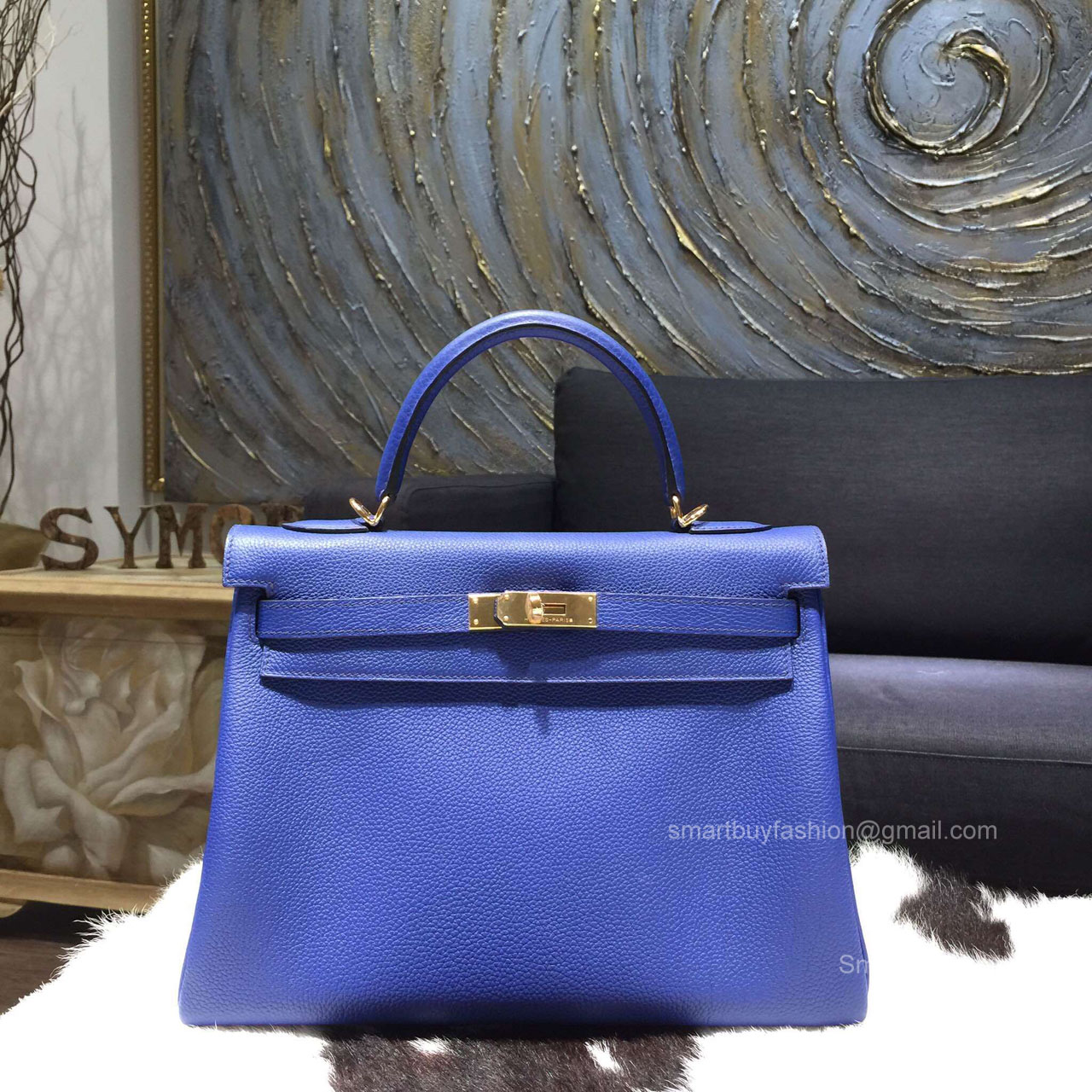 Hermes Kelly 32 Bag Blue Electric 7T Togo Leather Handstitched Gold hw