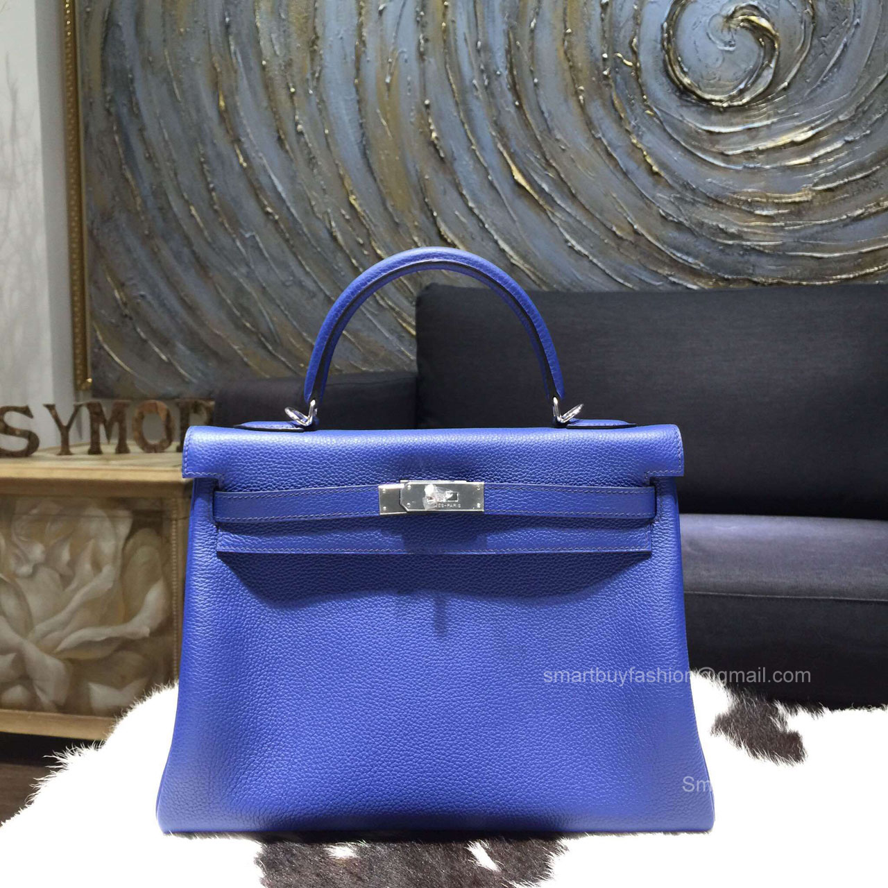 Hermes Kelly 32 Bag Blue Electric 7T Togo Leather Handstitched Silver hw