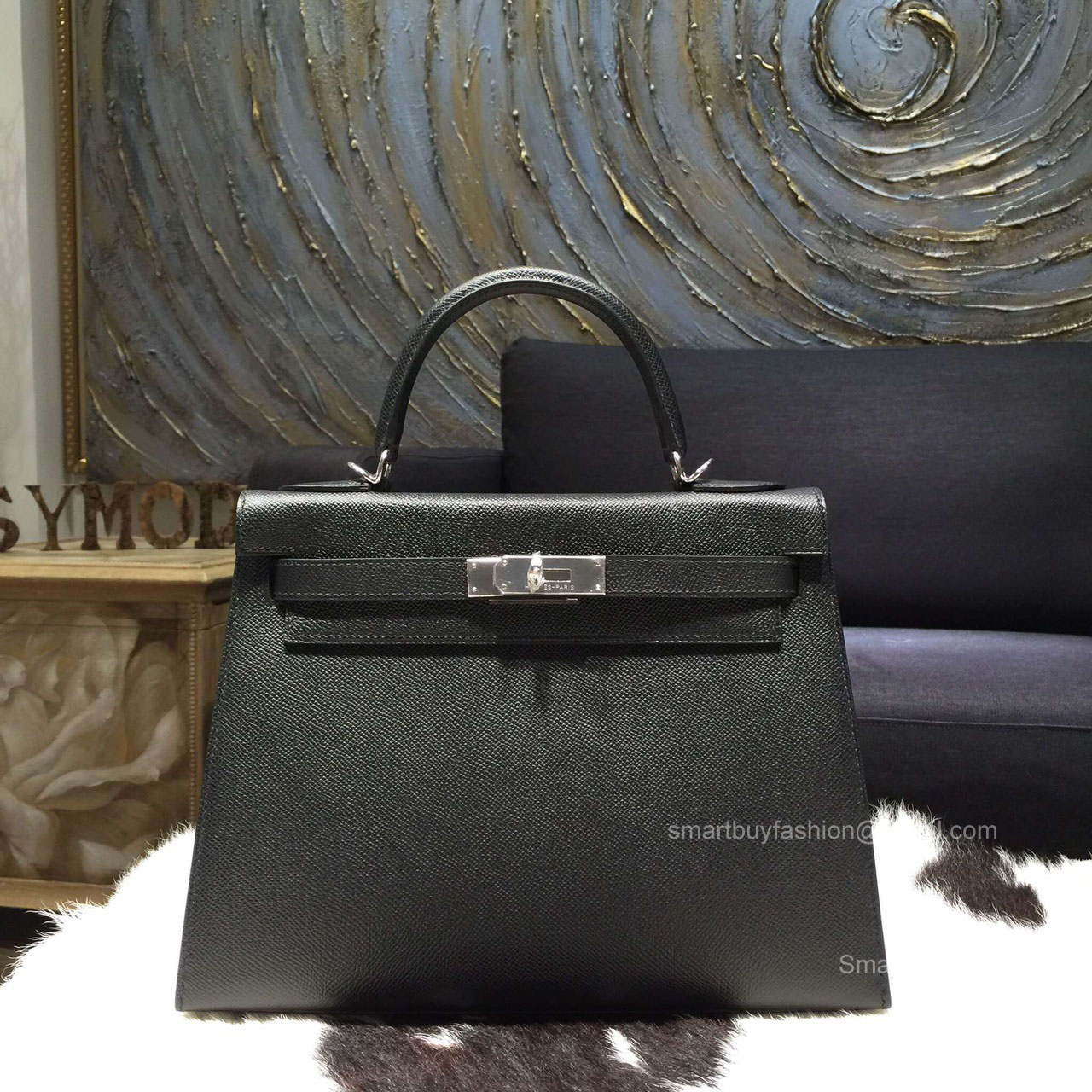 Hermes Kelly 32 Black Epsom Leather Bag Handstitched Silver hw