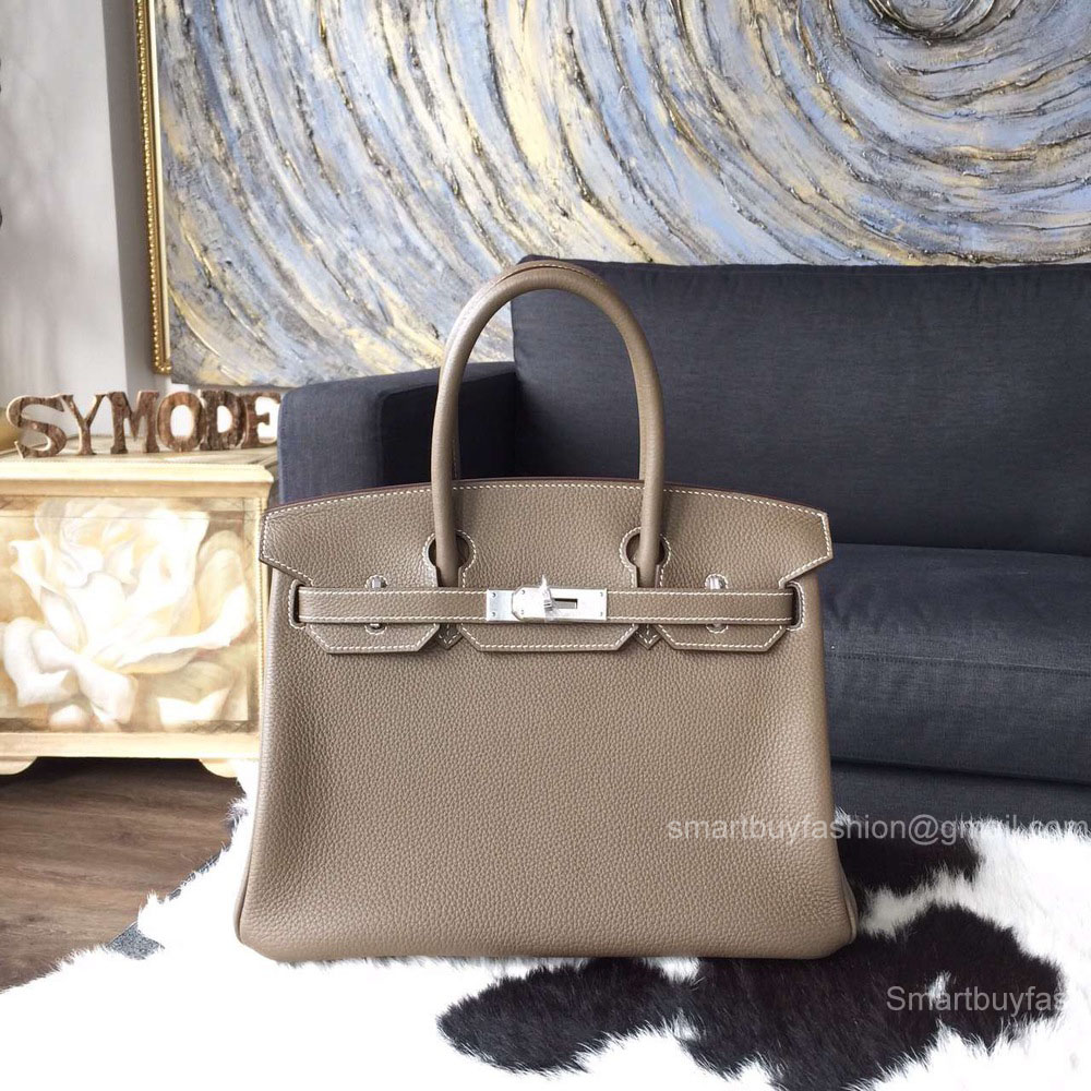 Hermes Birkin 30 Bag Etoupe Togo Leather Handstitched Silver hw