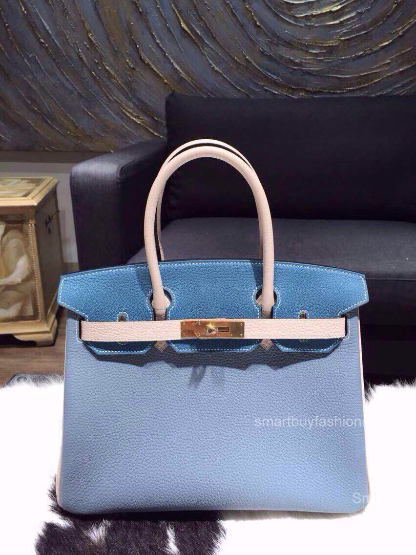 Hermes Birkin 30 Bag Tri-color Blue Epsom Leather Handstitched Gold hw