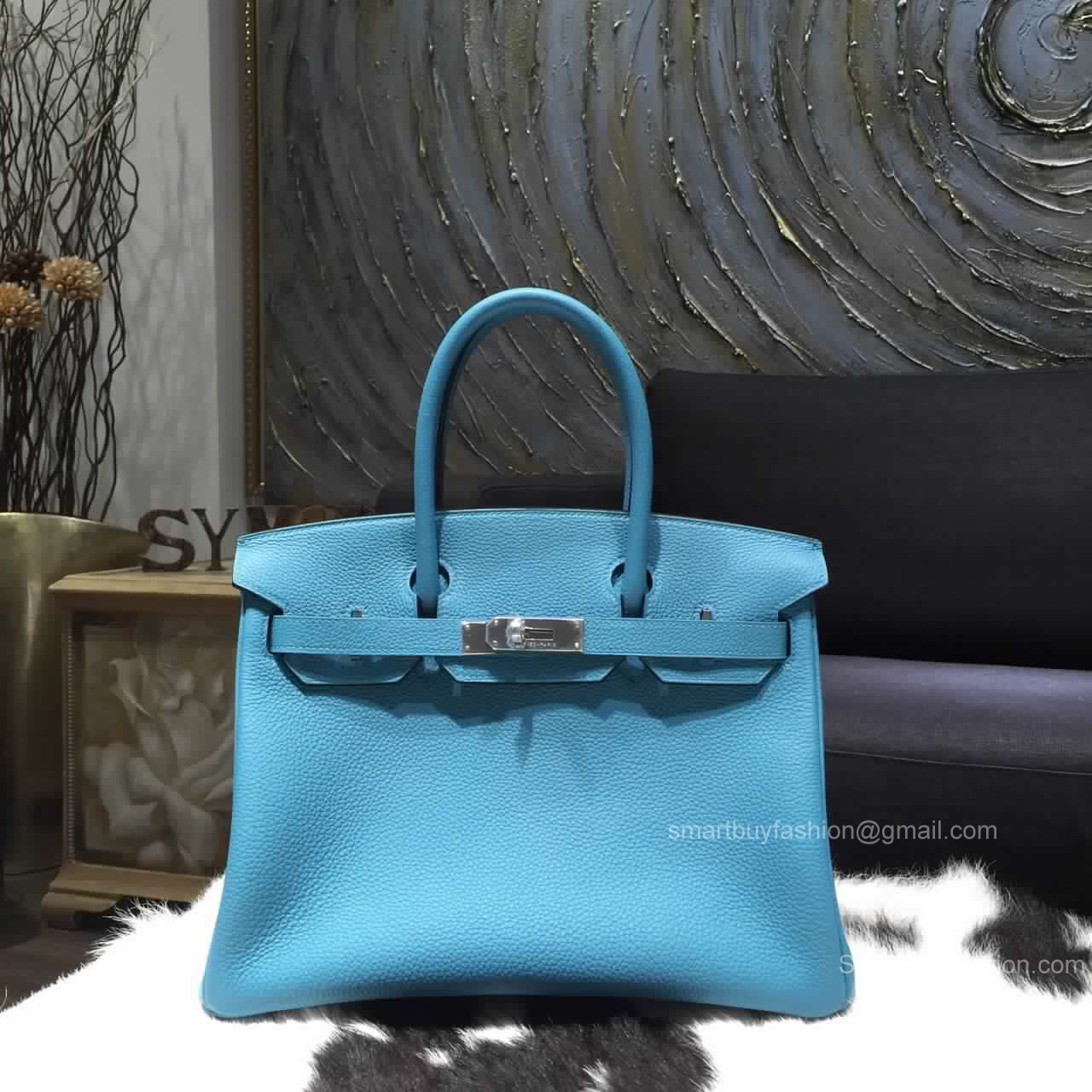 Hermes Birkin 35 Bag Blue Turqouise 7B Togo Leather Handstitched Silver hw