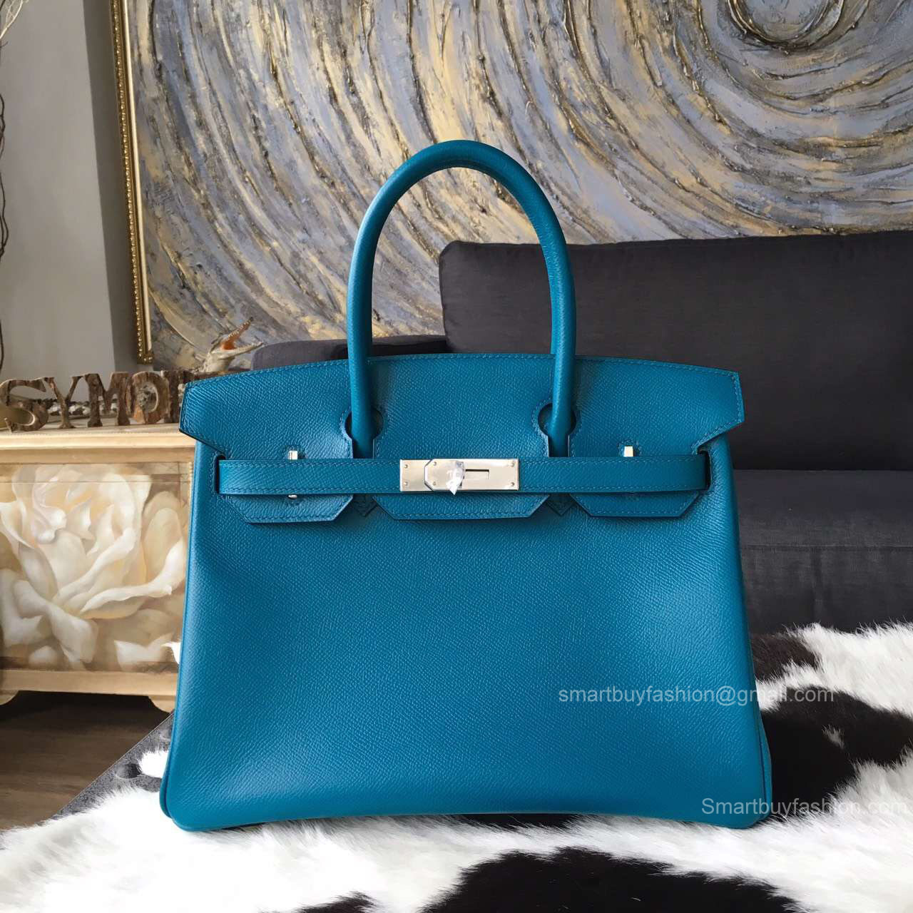 Hermes Birkin 35 Bag Blue Izmir Epsom Leather Handstitched Silver hw