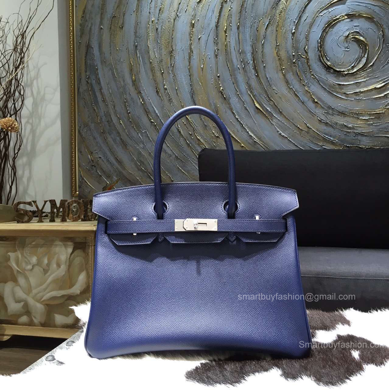 Hermes Birkin 35 Bag Blue Saphir Epsom Leather Handstitched Silver hw