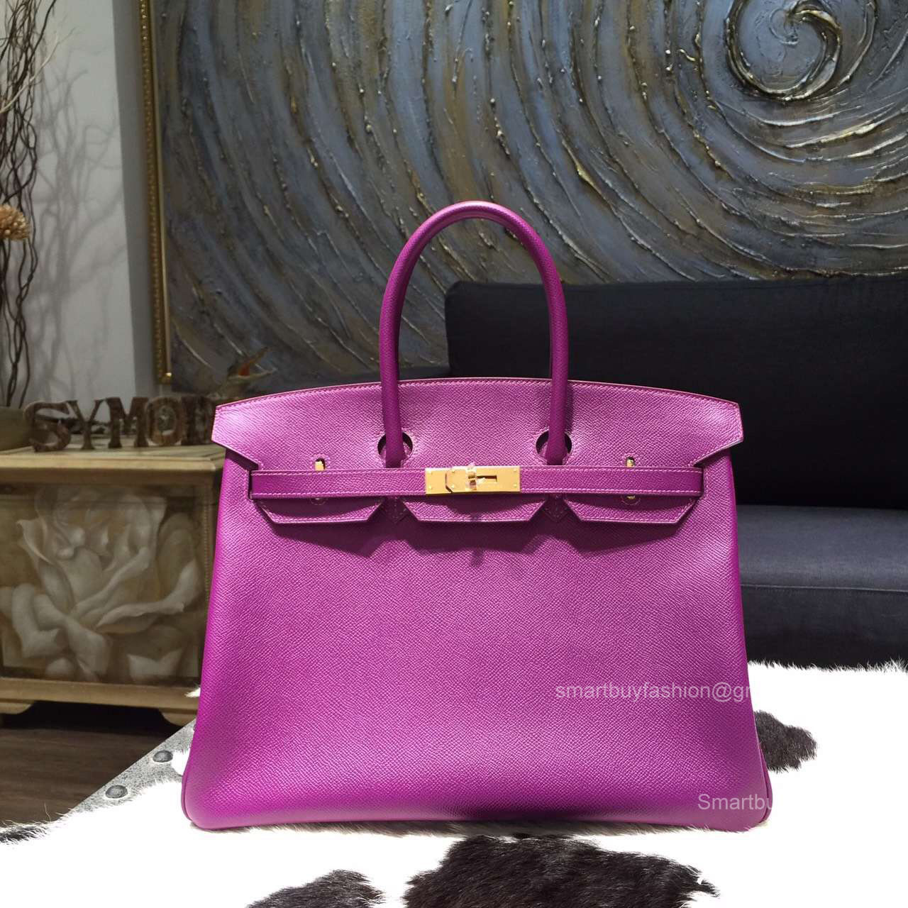 Hermes Birkin 35 Bag Anemone Epsom Leather Bag Handstitched Gold Hw