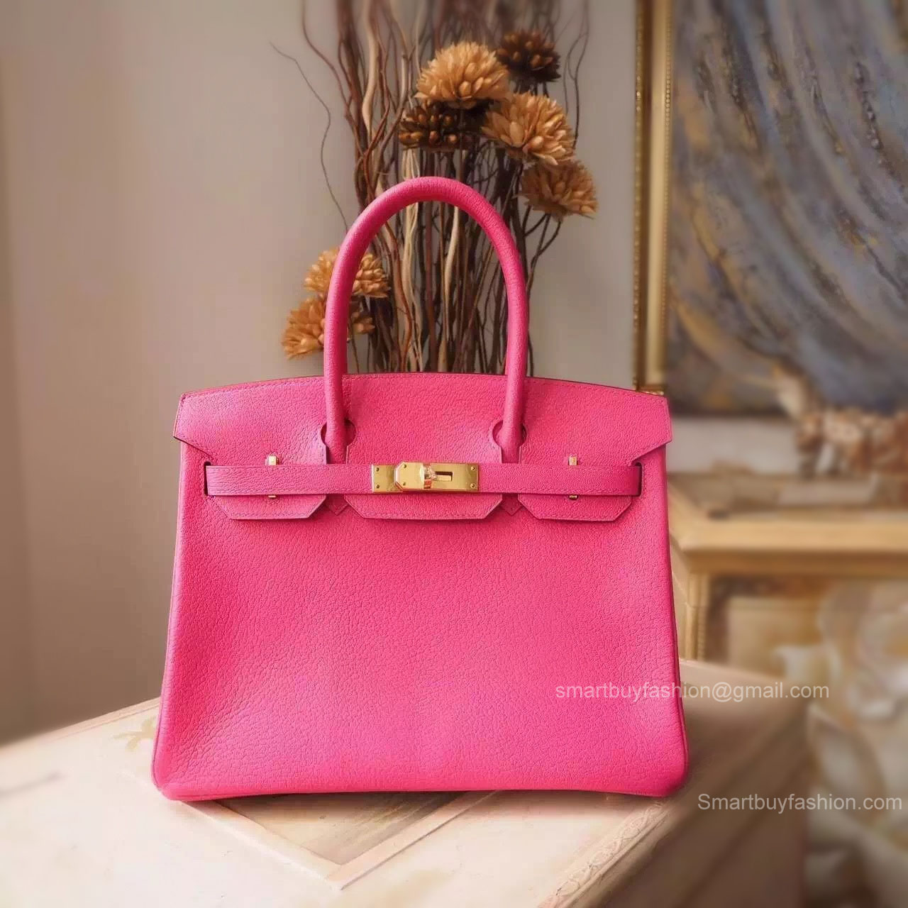 Hand Stitched Birkin 30 Bag in 5r Rose Shocking Chevere Myzore Goatskin GHW