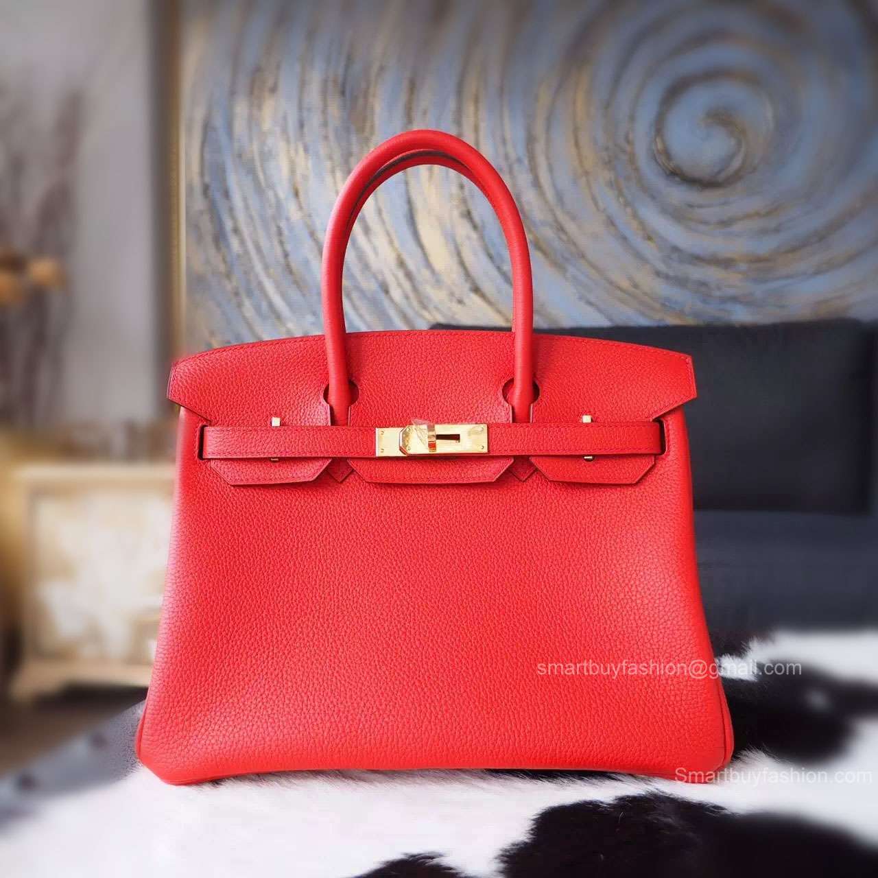 Handstitched Hermes Birkin 30 Bag in q5 Rouge Casaque Togo Calfskin GHW