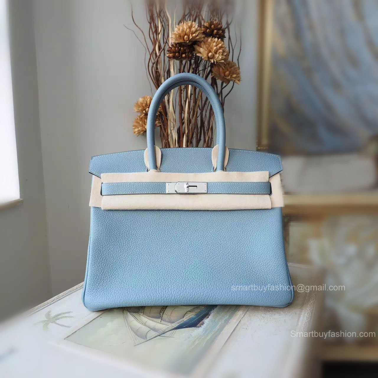 Handstitched Hermes Birkin 30 Bag in j7 Blue Lin Togo Calfskin SHW