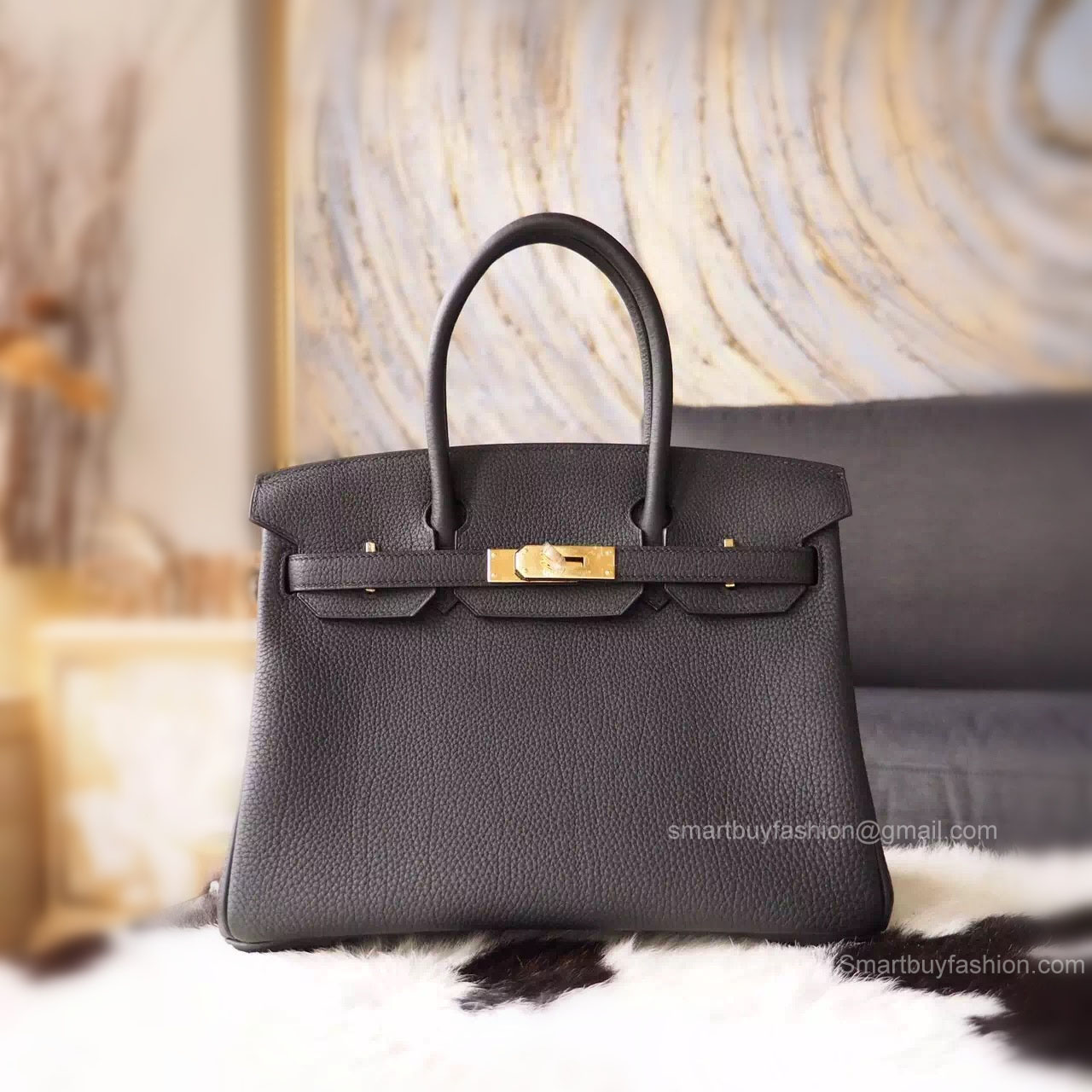 Handstitched Hermes Birkin 30 Bag in ck89 Noir Togo Calfskin GHW