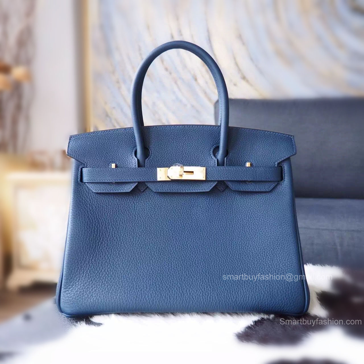 Handstitched Hermes Birkin 30 Bag in ck73 Blue Saphir Togo Calfskin GHW